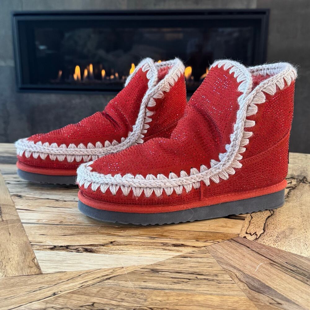 MOU Eskimo 18 Red Glitter Suede Shearling Ankle Boots Size 40 US 9.5-10 with Box